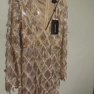 Rose Gold Tassel Sequin Plunge Jumpsuit